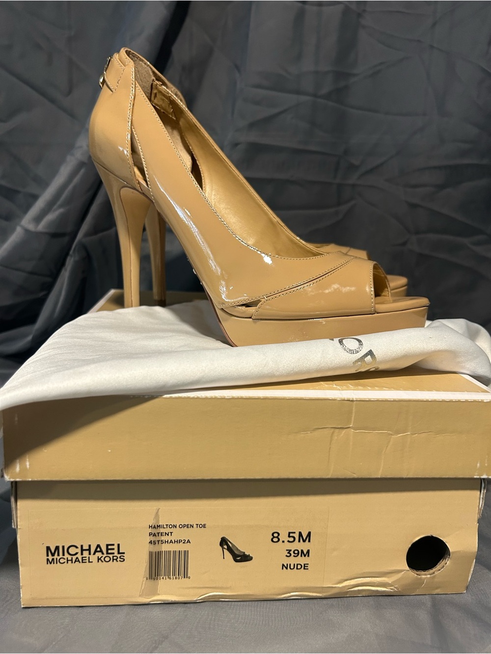 MICHAEL Michael Kors Nude Patent Peep-Toe Platform Heels 8.5